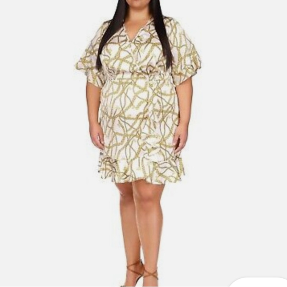 MICHAEL Kors White Yellow Logo Chain Knee Length Dress NWT  Women's Size 2X